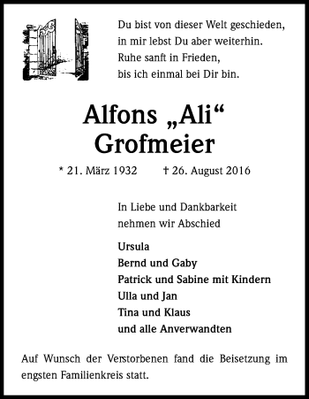Anzeige von Alfons Grofmeier von Kölner Stadt-Anzeiger / Kölnische Rundschau / Express