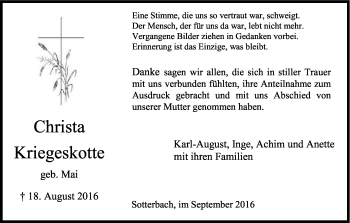 Anzeige von Christa Kriegeskotte von Kölner Stadt-Anzeiger / Kölnische Rundschau / Express