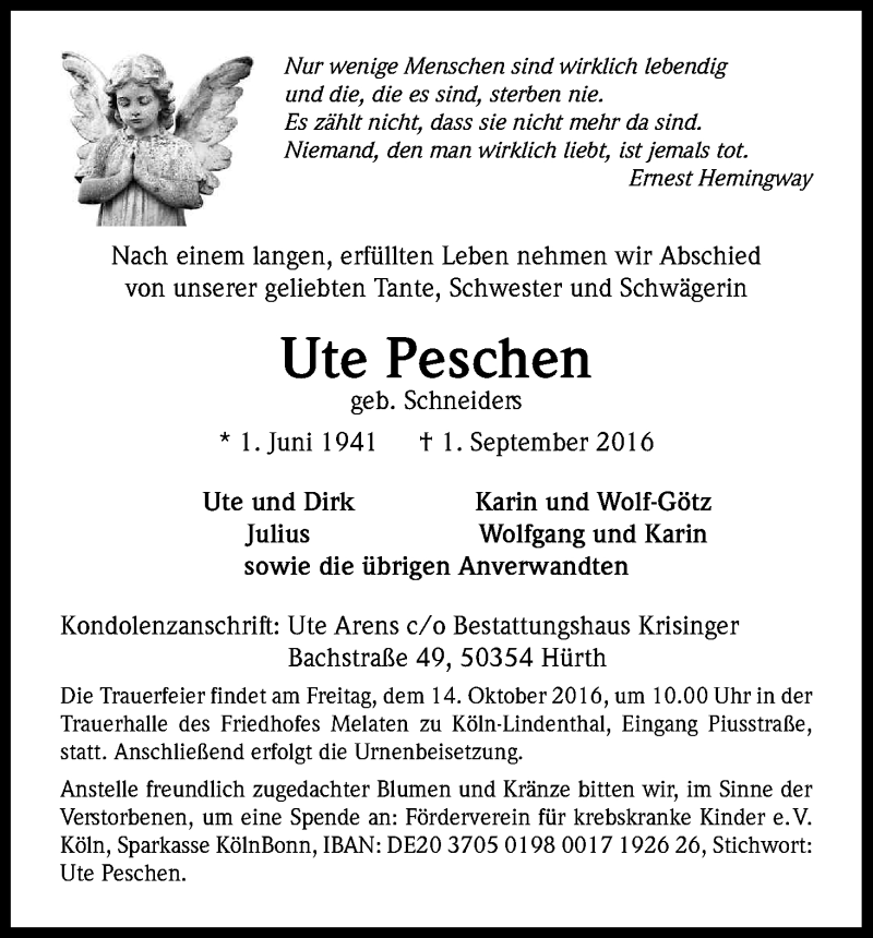  Traueranzeige für Ute Peschen vom 01.10.2016 aus Kölner Stadt-Anzeiger / Kölnische Rundschau / Express