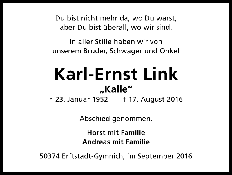  Traueranzeige für Karl-Ernst Link vom 07.09.2016 aus Kölner Stadt-Anzeiger / Kölnische Rundschau / Express