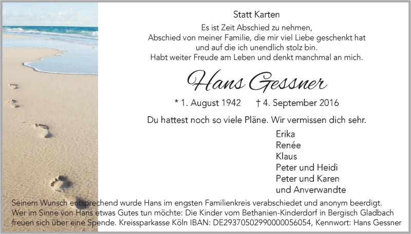  Traueranzeige für Hans Gessner vom 14.09.2016 aus  Bergisches Handelsblatt 