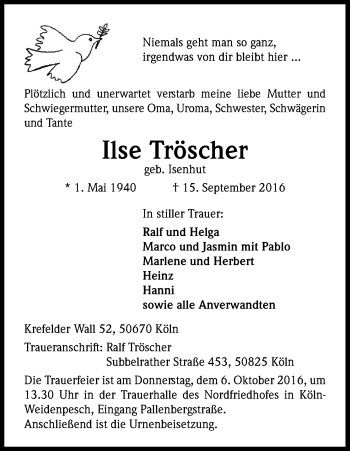 Anzeige von Ilse Tröscher von Kölner Stadt-Anzeiger / Kölnische Rundschau / Express