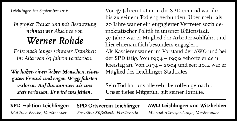  Traueranzeige für Werner Rohde vom 14.09.2016 aus Kölner Stadt-Anzeiger / Kölnische Rundschau / Express
