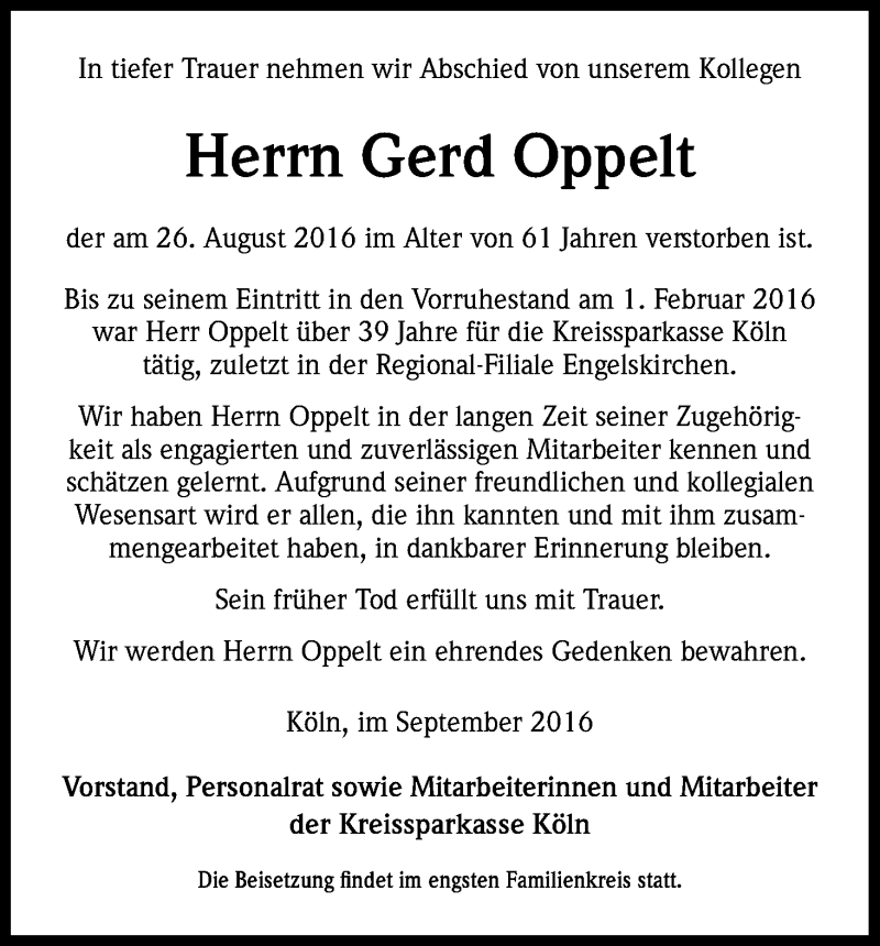  Traueranzeige für Gerd Oppelt vom 07.09.2016 aus Kölner Stadt-Anzeiger / Kölnische Rundschau / Express