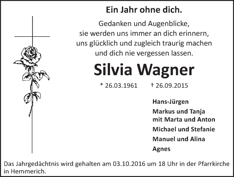  Traueranzeige für Silvia Wagner vom 28.09.2016 aus  Schaufenster/Blickpunkt  Schlossbote/Werbekurier 
