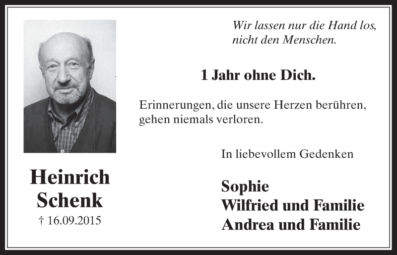  Traueranzeige für Heinrich Schenk vom 14.09.2016 aus  Werbepost 