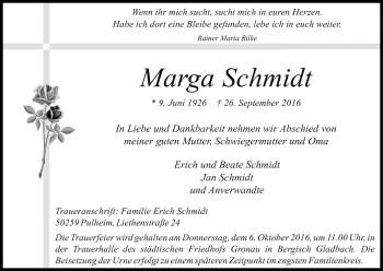 Anzeige von Marga Schmidt von Kölner Stadt-Anzeiger / Kölnische Rundschau / Express