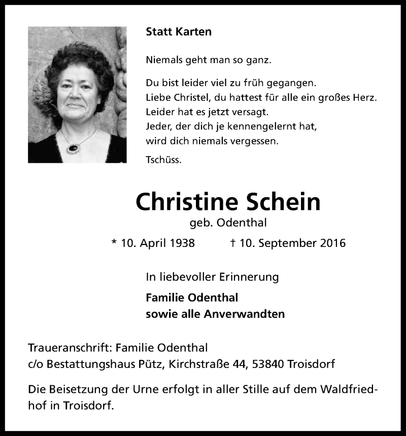  Traueranzeige für Christine Schein vom 17.09.2016 aus Kölner Stadt-Anzeiger / Kölnische Rundschau / Express