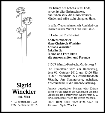 Anzeige von Sigrid Winckler von Kölner Stadt-Anzeiger / Kölnische Rundschau / Express