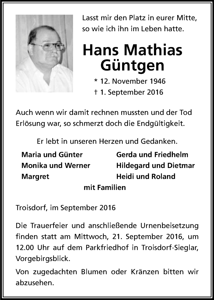  Traueranzeige für Hans Mathias Güntgen vom 14.09.2016 aus Kölner Stadt-Anzeiger / Kölnische Rundschau / Express