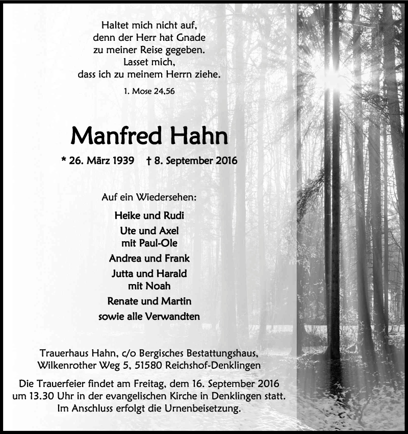  Traueranzeige für Manfred Hahn vom 13.09.2016 aus Kölner Stadt-Anzeiger / Kölnische Rundschau / Express