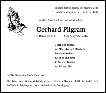 Anzeige von Gerhard Pilgram von Kölner Stadt-Anzeiger / Kölnische Rundschau / Express