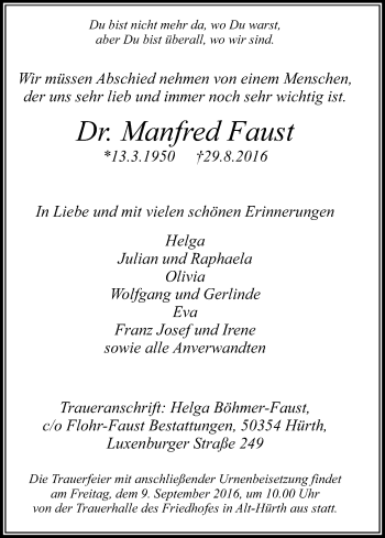 Anzeige von Manfred Faust von Kölner Stadt-Anzeiger / Kölnische Rundschau / Express