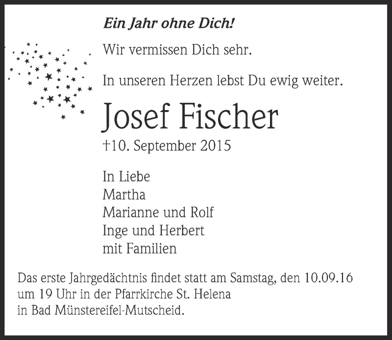  Traueranzeige für Josef Fischer vom 03.09.2016 aus  Blickpunkt Euskirchen 