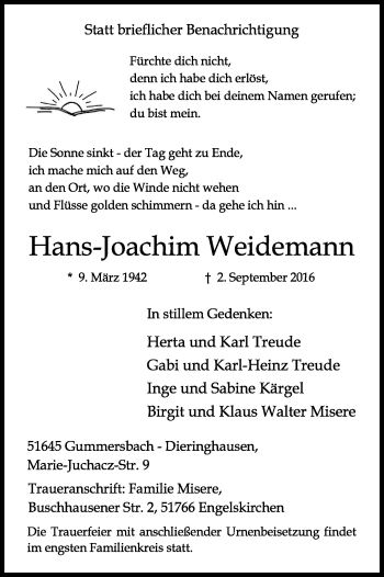 Anzeige von Hans-Joachim Weidemann von Kölner Stadt-Anzeiger / Kölnische Rundschau / Express