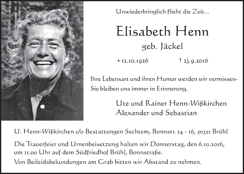  Traueranzeige für Elisabeth Henn vom 28.09.2016 aus  Schlossbote/Werbekurier 