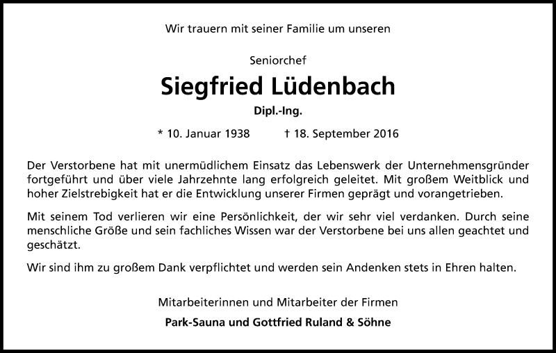  Traueranzeige für Siegfried Lüdenbach vom 24.09.2016 aus Kölner Stadt-Anzeiger / Kölnische Rundschau / Express