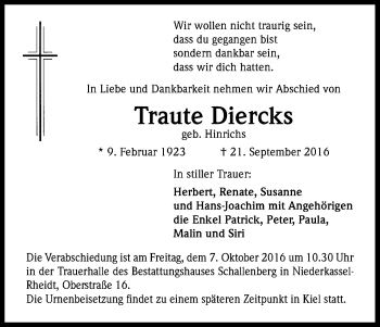 Anzeige von Traute Diercks von Kölner Stadt-Anzeiger / Kölnische Rundschau / Express