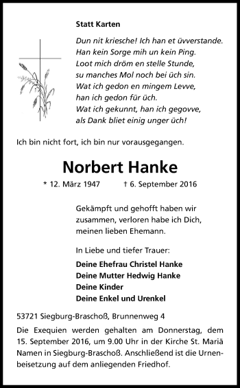 Anzeige von Norbert Hanke von Kölner Stadt-Anzeiger / Kölnische Rundschau / Express