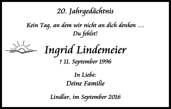 Anzeige von Ingrid Lindemeier von Kölner Stadt-Anzeiger / Kölnische Rundschau / Express