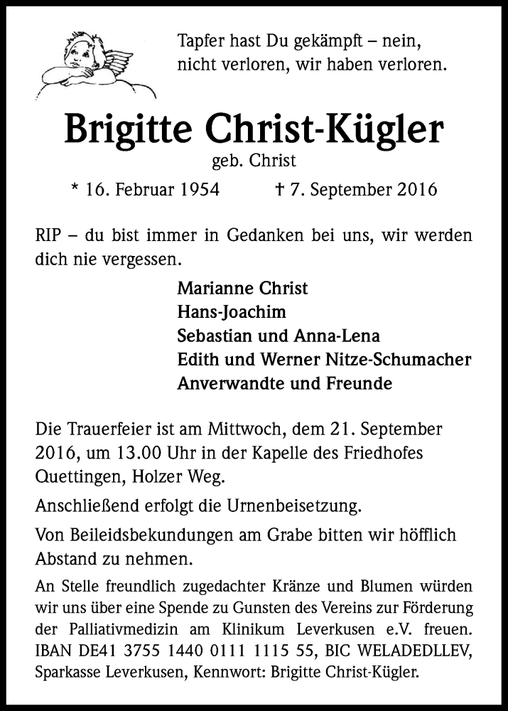  Traueranzeige für Brigitte Christ-Kügler vom 17.09.2016 aus Kölner Stadt-Anzeiger / Kölnische Rundschau / Express