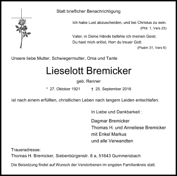 Anzeige von Lieselott Bremicker von Kölner Stadt-Anzeiger / Kölnische Rundschau / Express