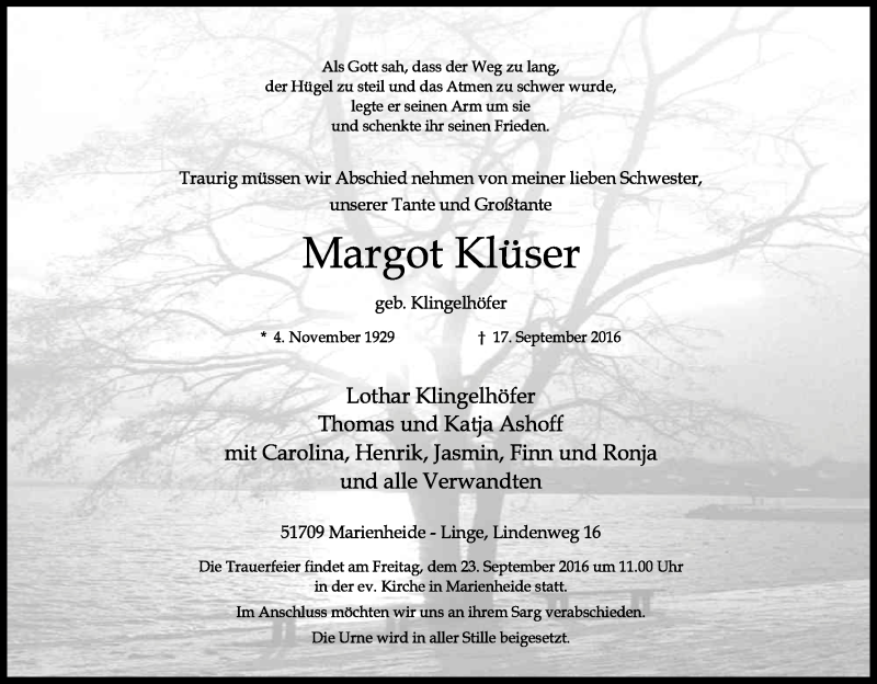  Traueranzeige für Margot Klüser vom 20.09.2016 aus Kölner Stadt-Anzeiger / Kölnische Rundschau / Express