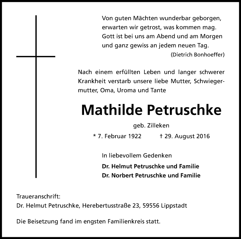  Traueranzeige für Mathilde Petruschke vom 07.09.2016 aus Kölner Stadt-Anzeiger / Kölnische Rundschau / Express