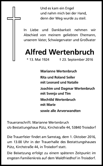 Anzeige von Alfred Wertenbruch von Kölner Stadt-Anzeiger / Kölnische Rundschau / Express