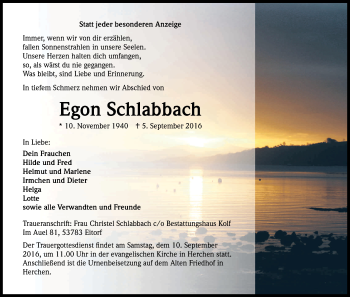Anzeige von Egon Schlabbach von Kölner Stadt-Anzeiger / Kölnische Rundschau / Express