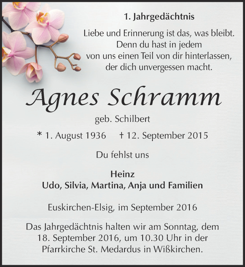  Traueranzeige für Agnes Schramm vom 10.09.2016 aus  Blickpunkt Euskirchen 