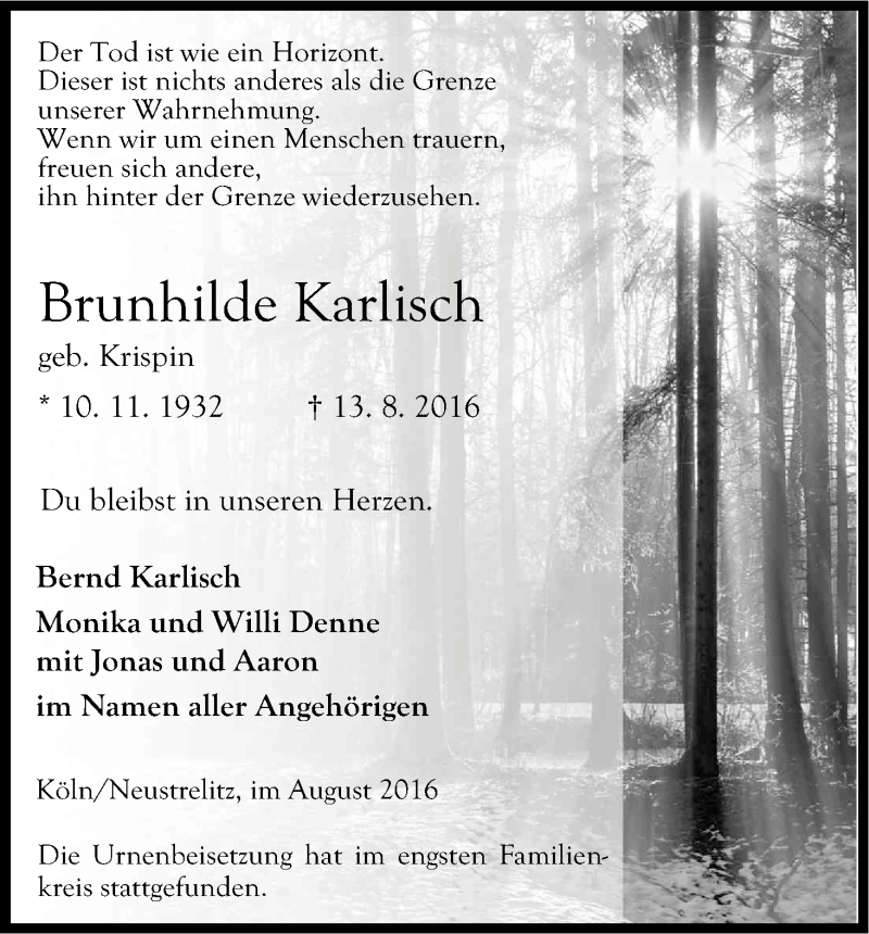  Traueranzeige für Brunhilde Karlisch vom 07.09.2016 aus Kölner Stadt-Anzeiger / Kölnische Rundschau / Express