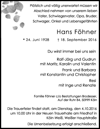 Anzeige von Hans Föhner von Kölner Stadt-Anzeiger / Kölnische Rundschau / Express
