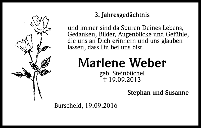  Traueranzeige für Marlene Weber vom 19.09.2016 aus Kölner Stadt-Anzeiger / Kölnische Rundschau / Express