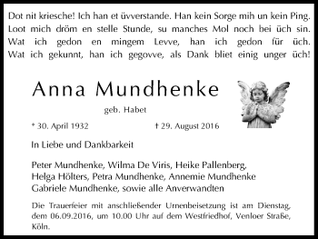 Anzeige von Anna Mundhenke von Kölner Stadt-Anzeiger / Kölnische Rundschau / Express