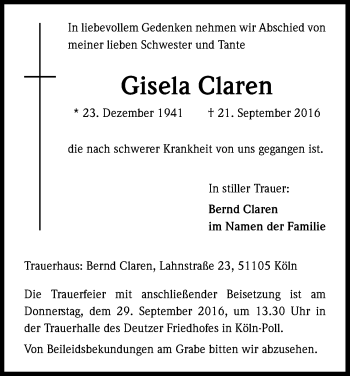 Anzeige von Gisela Claren von Kölner Stadt-Anzeiger / Kölnische Rundschau / Express