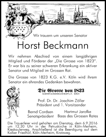Anzeige von Horst Beckmann von Kölner Stadt-Anzeiger / Kölnische Rundschau / Express