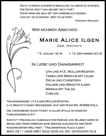 Anzeige von Marie Alice Ilgen von Kölner Stadt-Anzeiger / Kölnische Rundschau / Express