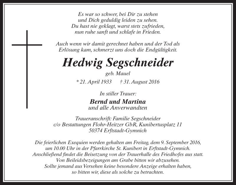  Traueranzeige für Hedwig Segschneider vom 07.09.2016 aus  Werbepost 