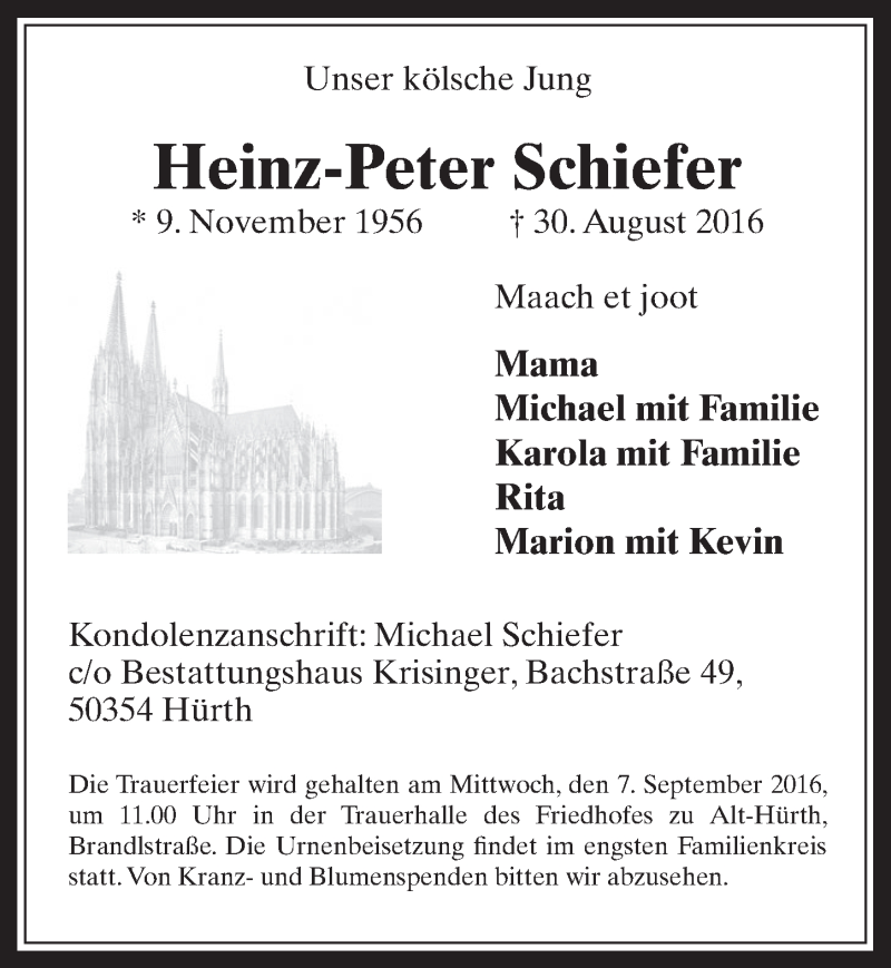  Traueranzeige für Heinz-Peter Schiefer vom 03.09.2016 aus  Sonntags-Post 