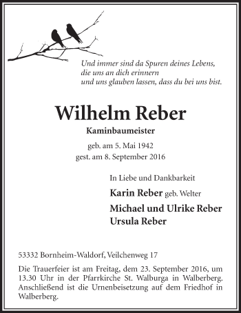 Anzeige von Wilhelm Reber von  Schlossbote/Werbekurier 