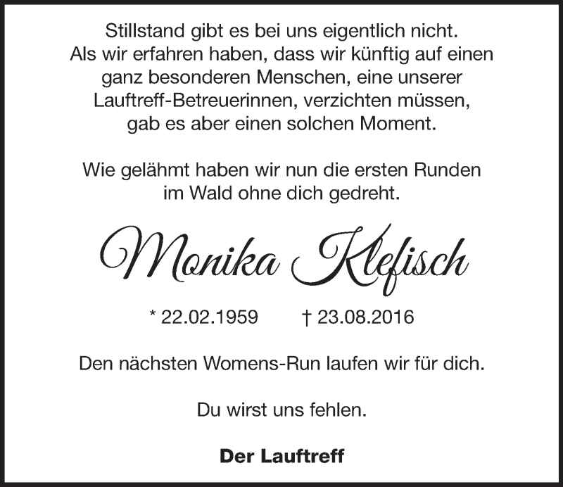  Traueranzeige für Monika Klefisch vom 07.09.2016 aus  Schlossbote/Werbekurier 