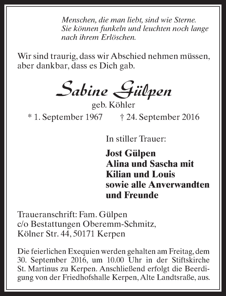  Traueranzeige für Sabine Gülpen vom 28.09.2016 aus  Werbepost 