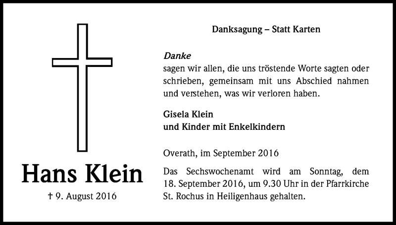  Traueranzeige für Hans Klein vom 14.09.2016 aus Kölner Stadt-Anzeiger / Kölnische Rundschau / Express