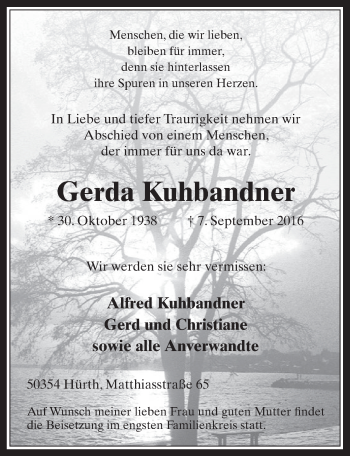 Anzeige von Gerda Kuhbandner von  Wochenende 