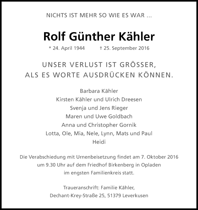  Traueranzeige für Rolf Günther Kähler vom 01.10.2016 aus Kölner Stadt-Anzeiger / Kölnische Rundschau / Express