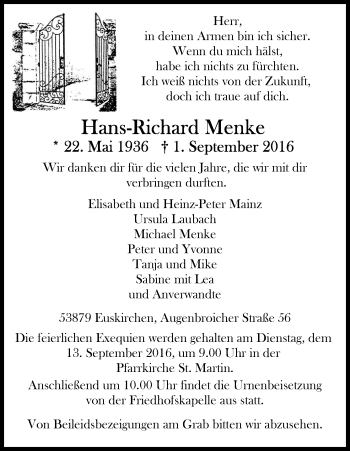 Anzeige von Hans-Richard Menke von Kölner Stadt-Anzeiger / Kölnische Rundschau / Express