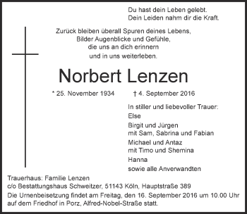 Anzeige von Norbert Lenzen von  Kölner Wochenspiegel 