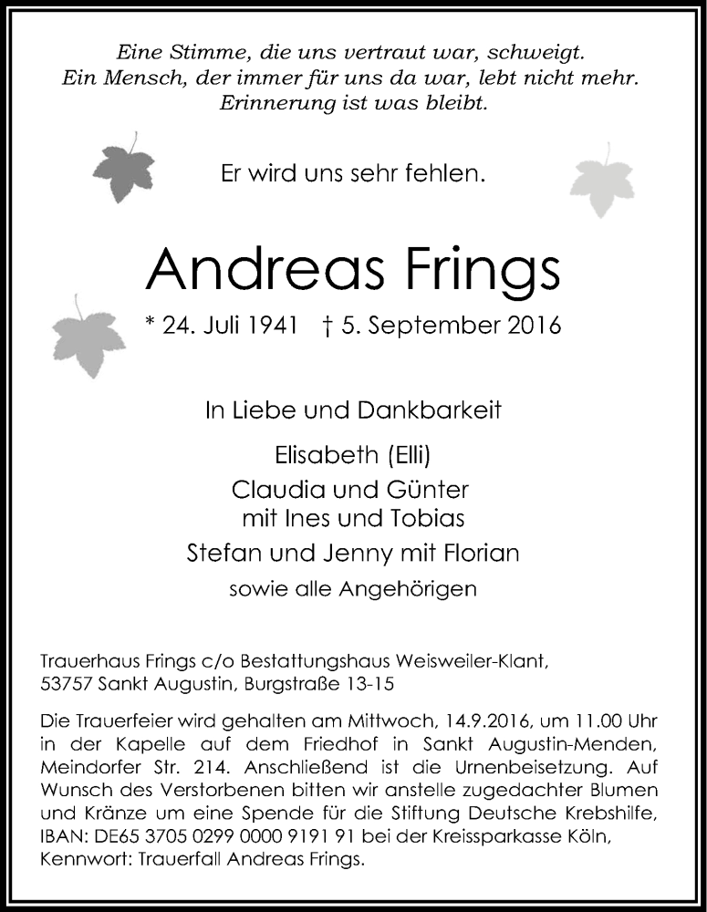  Traueranzeige für Andreas Frings vom 10.09.2016 aus Kölner Stadt-Anzeiger / Kölnische Rundschau / Express