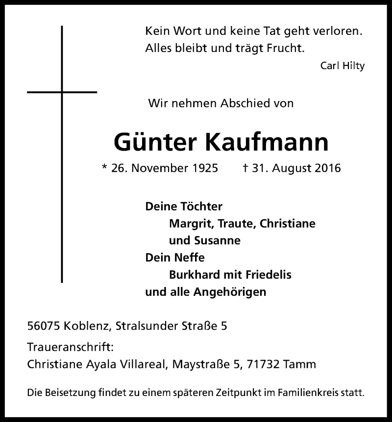  Traueranzeige für Günter Kaufmann vom 10.09.2016 aus Kölner Stadt-Anzeiger / Kölnische Rundschau / Express